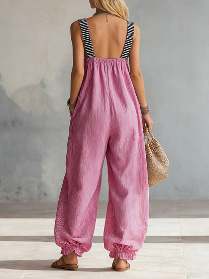 Loose Sleeveless Adjustable Elasticity Pleated Pockets Split-Joint Striped Zipper Deep V-Neck Jumpsuits