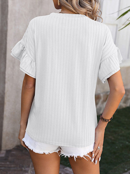 Wrap Falbala Solid Color Round-Neck T-Shirts Tops