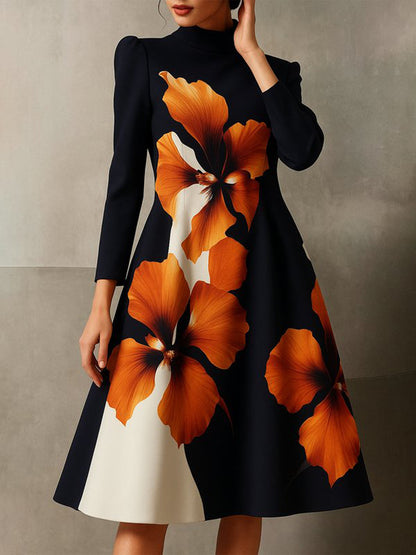 A-Line Long Sleeves Contrast Color Flower Print Mock Neck Midi Dresses