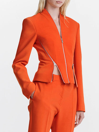 Long Sleeves Split-Joint Zipper V-neck Jackets Outerwear