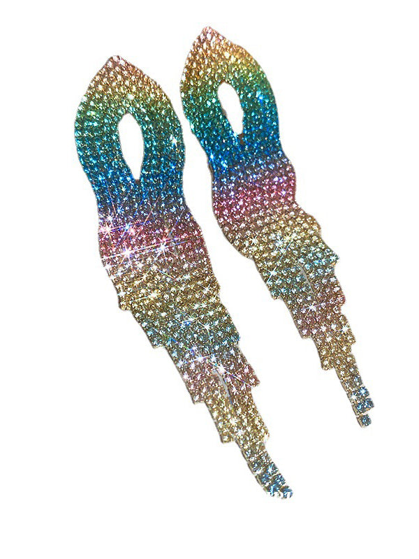 Gradient Hollow Rhine Stones Tasseled Drop Earrings