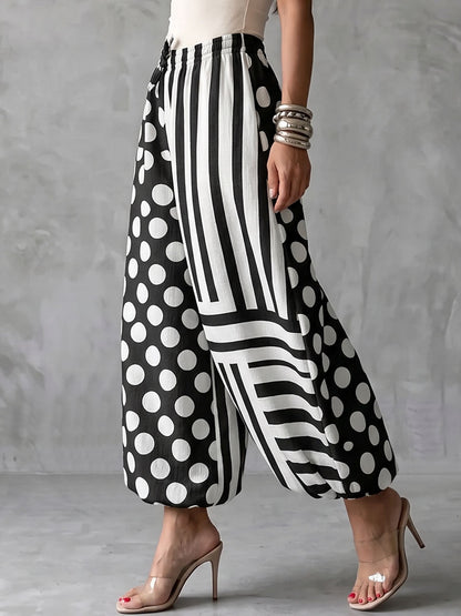 Striped Split-Joint Polka-Dot Pockets Elasticity Drawstring Contrast Color Wide Leg Loose Trousers Pants