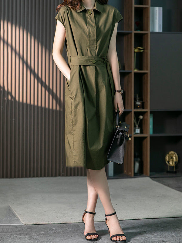 Plus Size Short Sleeves Bandage Solid Color Lapel Midi Dresses