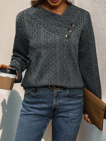 Long Sleeves Loose Buttoned Solid Color Split-Joint V-Neck Sweatshirt Tops