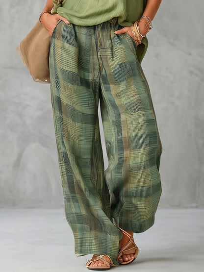 High Waisted Loose Contrast Color Plaid Pockets Pants Trousers