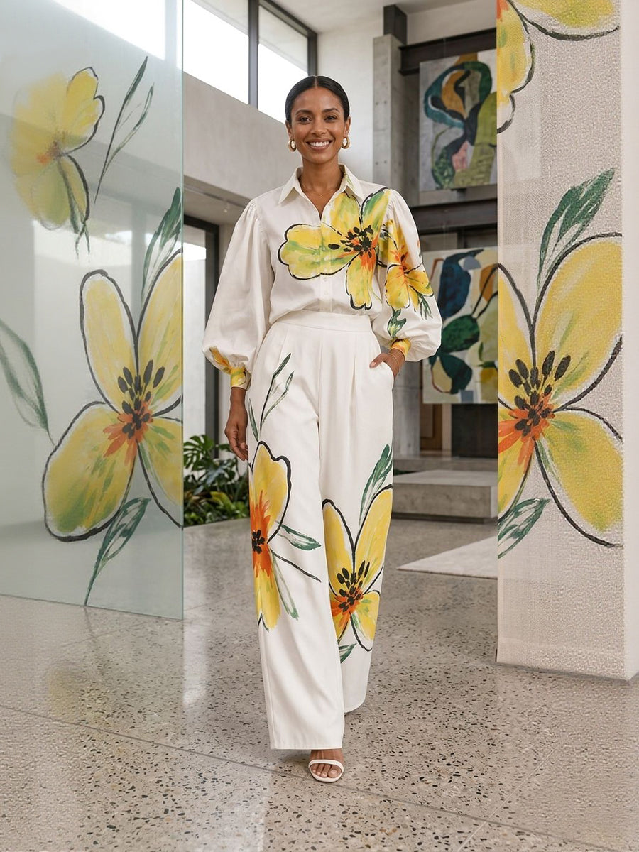 Pockets Flower Print Elasticity Contrast Color Wide Leg Loose Trousers Pants