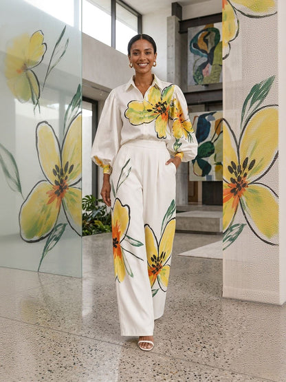 Flower Print Contrast Color Buttoned Puff Sleeves Loose Lapel Blouses&shirts Tops