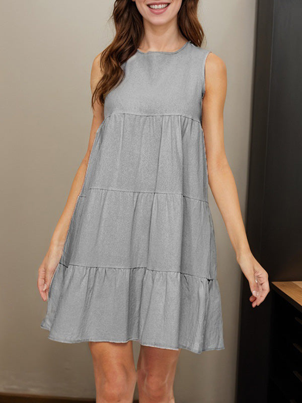 A-Line Loose Pleated Solid Color Split-Joint Round-Neck Mini Dresses