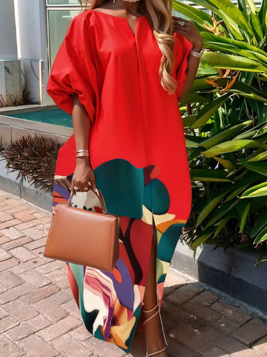 Loose Puff Sleeves Elasticity Flower Print Split-Front Round-Neck Maxi Dresses