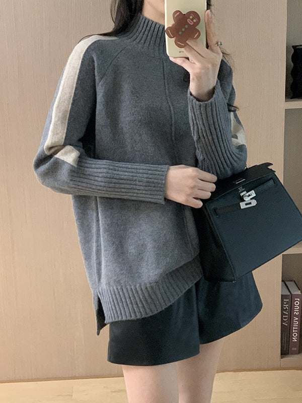 High-Low Long Sleeves Contrast Color Split-Joint Split-Side High Neck Pullovers Sweater Tops