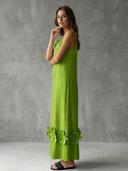 A-Line Loose Pleated Solid Color Split-Joint Three-Dimensional Flower Spaghetti-Neck Midi Dresses