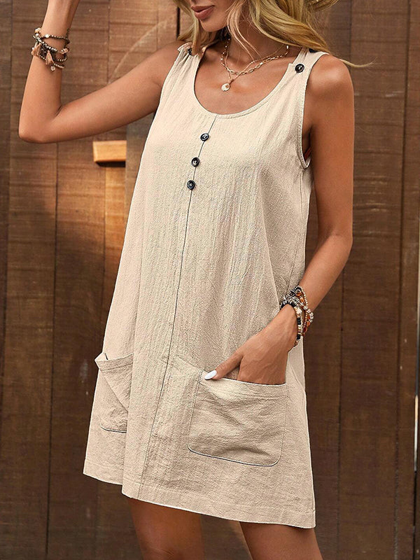 Loose Sleeveless Buttoned Pockets U-Neck Mini Dresses