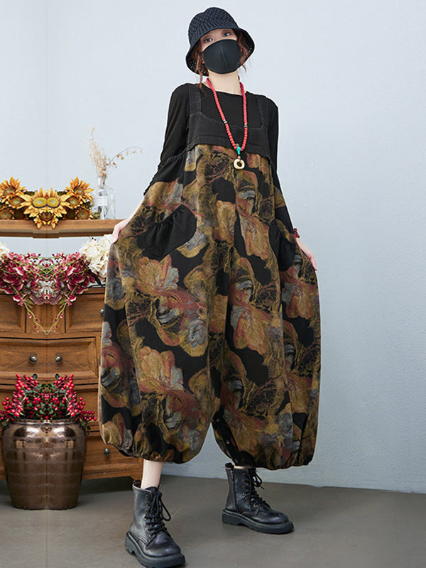 Artistic Retro Vintage Loose Floral Printed Square-Neck Sleeveless Overalls