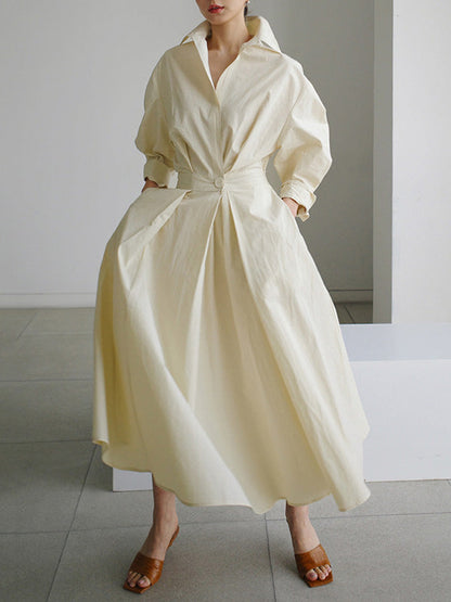 Long Sleeves Loose Buttoned Solid Color Lapel Midi Dresses