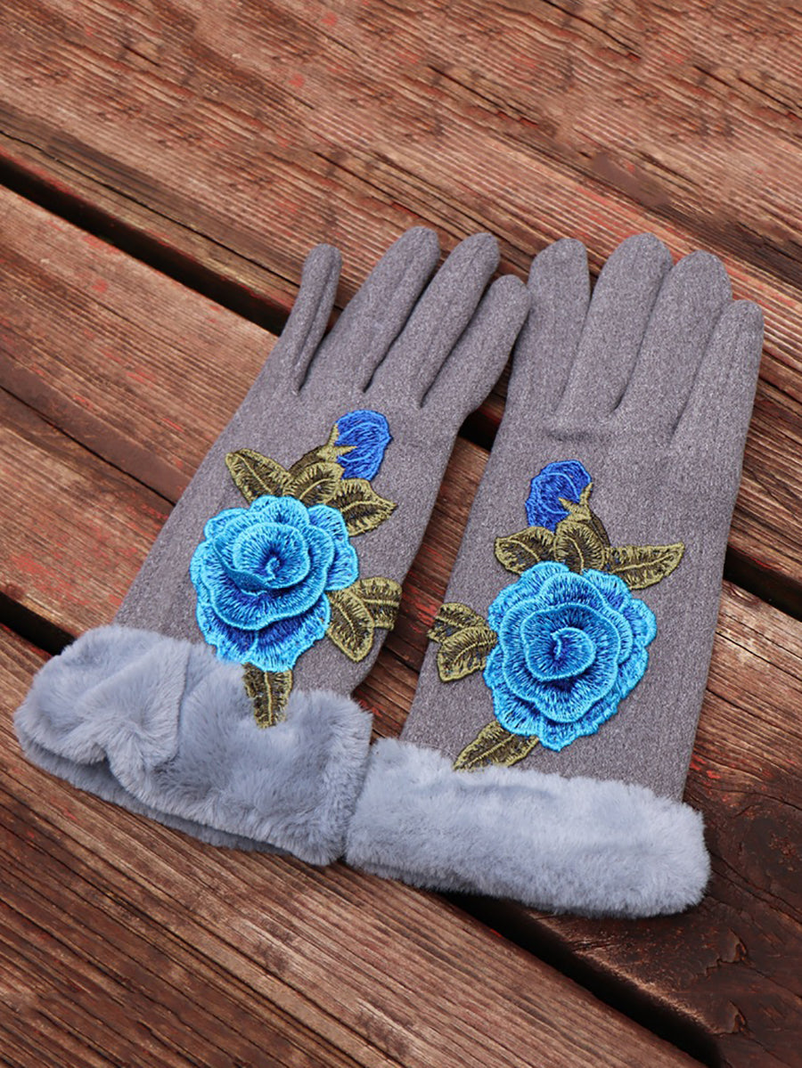Women Artsy Winter Embroidery Fleece-lined Gloves