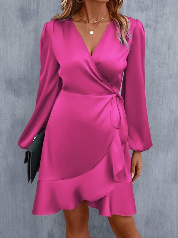 High Waisted High-Low Elasticity Pleated Solid Color Split-Joint Tied V-Neck Mini Dresses