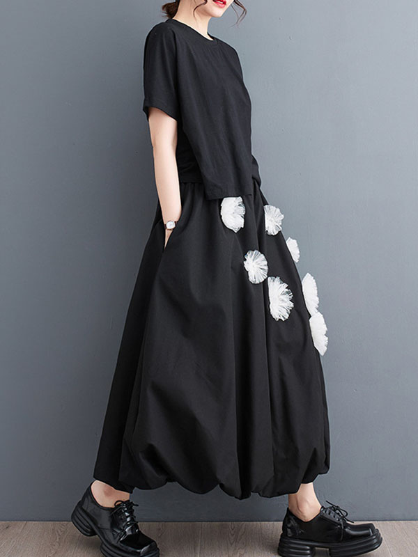 Loose Flower-Embellished Elastics Solid Color Skirts Bottoms