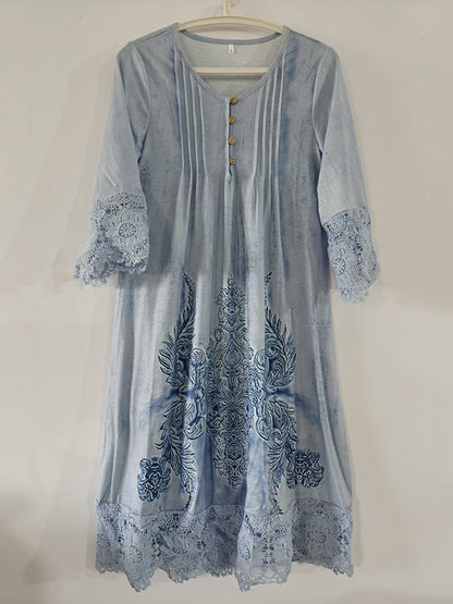 A-Line Long Sleeves Flower-Embellished Buttoned Contrast Color Split-Joint V-Neck Midi Dresses