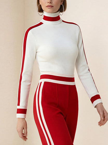 Long Sleeves Skinny Contrast Color Split-Joint Striped High Neck T-Shirts Tops