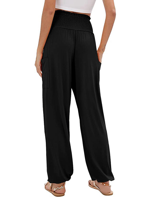 High Waisted Loose Elasticity Pleated Pockets Solid Color Split-Joint Pants Trousers