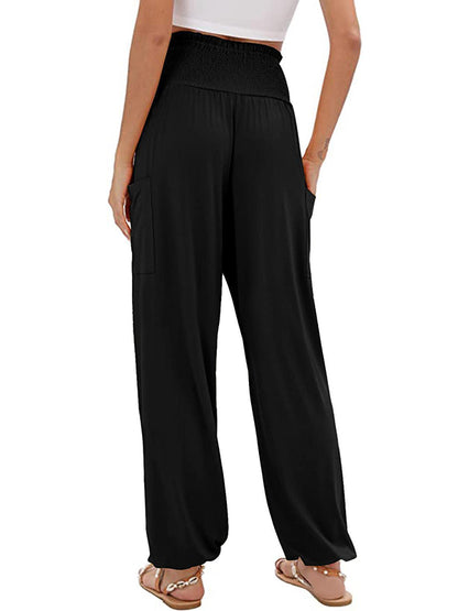 High Waisted Loose Elasticity Pleated Pockets Solid Color Split-Joint Pants Trousers
