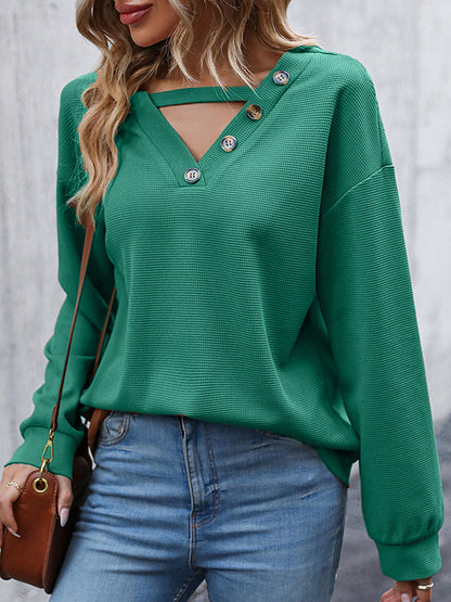 Long Sleeves Loose Buttoned Hollow Split-Joint V-Neck Sweater Tops