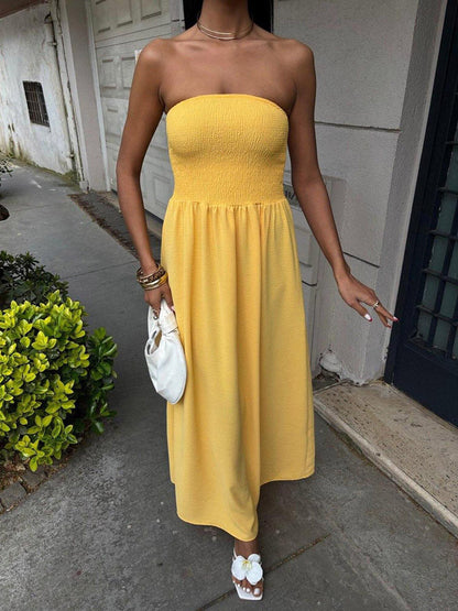 A-Line High Waisted Pleated Solid Color Split-Joint Tube Midi Dresses