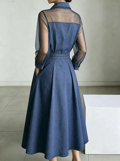 A-Line High Waisted Buttoned Pockets See-Through Solid Color Split-Joint Lapel Maxi Dresses