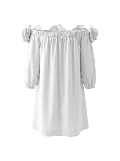 Half Sleeves Loose Pockets Solid Color Three-Dimensional Flower Off-The-Shoulder Mini Dresses