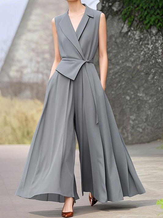 High Waisted Loose Pleated Pockets Solid Color Tied Notched Collar Jumpsuits