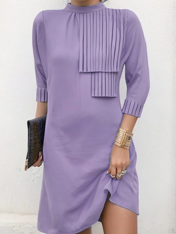 Loose Three-quarter Sleeves Buttoned Pleated Solid Color Split-Joint Tasseled Mock Neck Mini Dresses