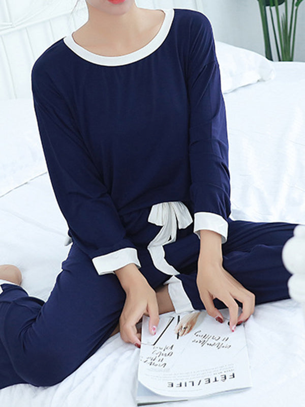 Long Sleeves Loose Contrast Color Round-Neck Two Pieces Pajama Set