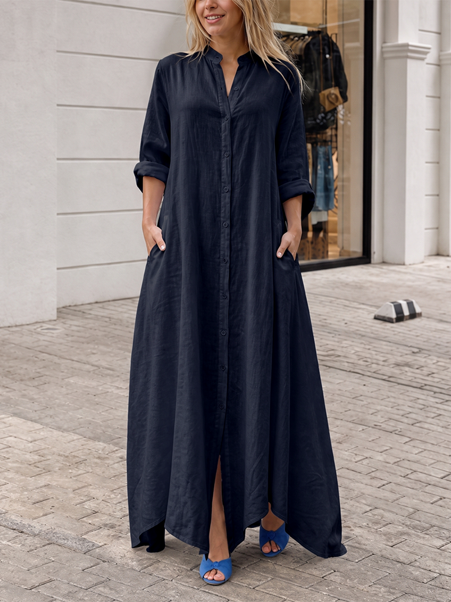 Solid Color Pockets Buttoned Loose Long Sleeves Lapel Maxi Dresses
