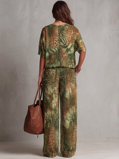 Half Sleeves Loose Contrast Color Knot Leopard Printed See-Through Deep V-Neck Blouses&Shirts Tops
