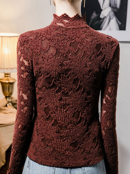 Long Sleeves Plus Size Crochet Hollow Solid Color Mock Neck T-Shirts Tops