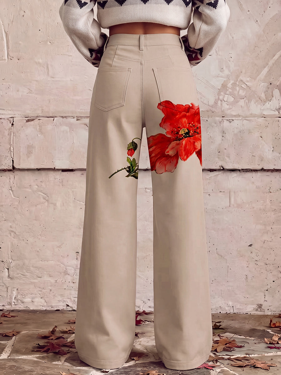 High Waisted Plus Size Buttoned Flower Print Pockets Pants Trousers
