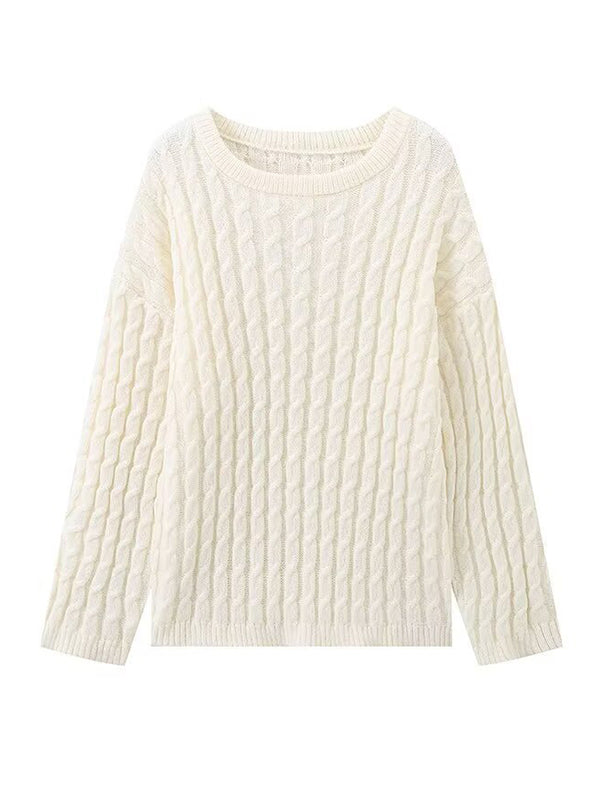 Long Sleeves Loose Solid Color Split-Joint Round-Neck Sweater Tops + Scarf Two Pieces