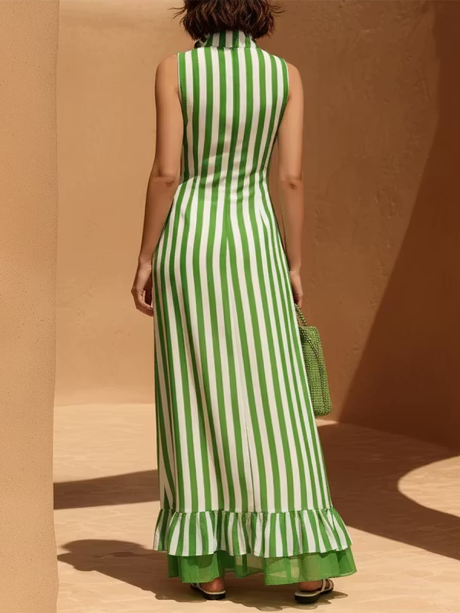 Zipper Striped Split-Joint Ruffled Pockets Contrast Color Sleeveless Loose Stand Collar Maxi Dresses