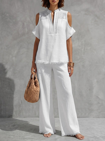 Fringed Cold Shoulder Half-Zip Solid Color Short Sleeve Blouses&Shirts Tops +  Pants Bottoms Trousers Two Pieces Set