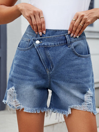 High Waisted Buttoned Pockets Ripped Solid Color Tasseled Shorts Bottoms
