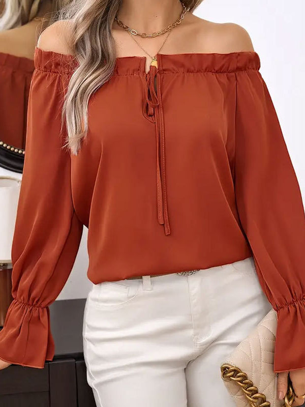 Flared Sleeves Long Sleeves Drawstring Elasticity Pleated Solid Color Off-the-shoulder Blouses&shirts Tops