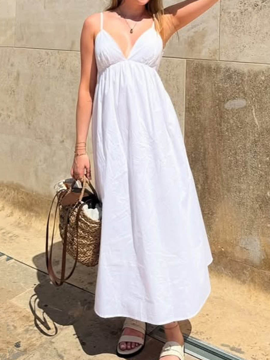 Solid Color Pleated Elasticity Backless Sleeveless High Waisted Spaghetti-Neck Midi Dresses