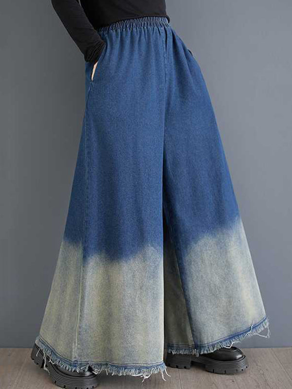 High Waisted Loose Elasticity Fringed Pockets Jean Pants Bottoms