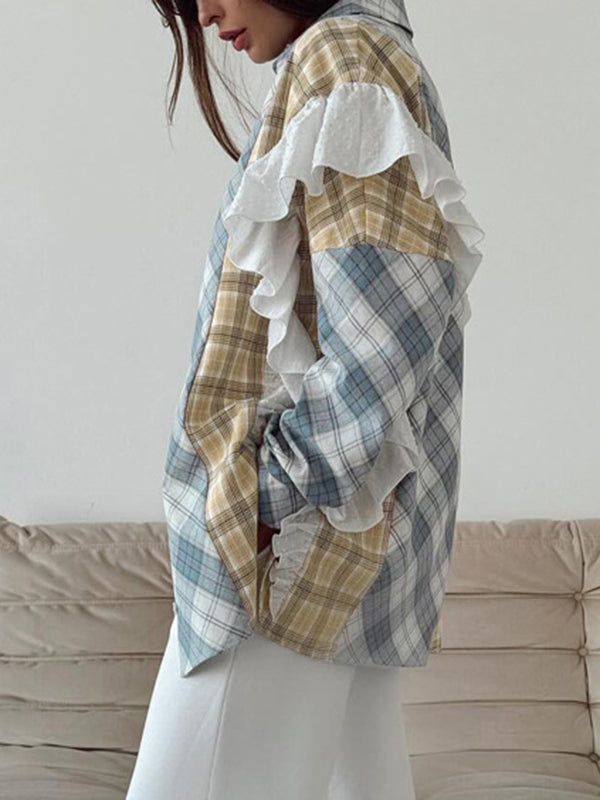 Long Sleeves Loose Buttoned Contrast Color Plaid Ruffle Trim Split-Joint Lapel Blouses&Shirts Tops