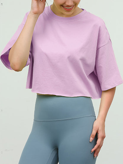 Loose Short Sleeves Solid Color Round-Neck T-Shirts Tops