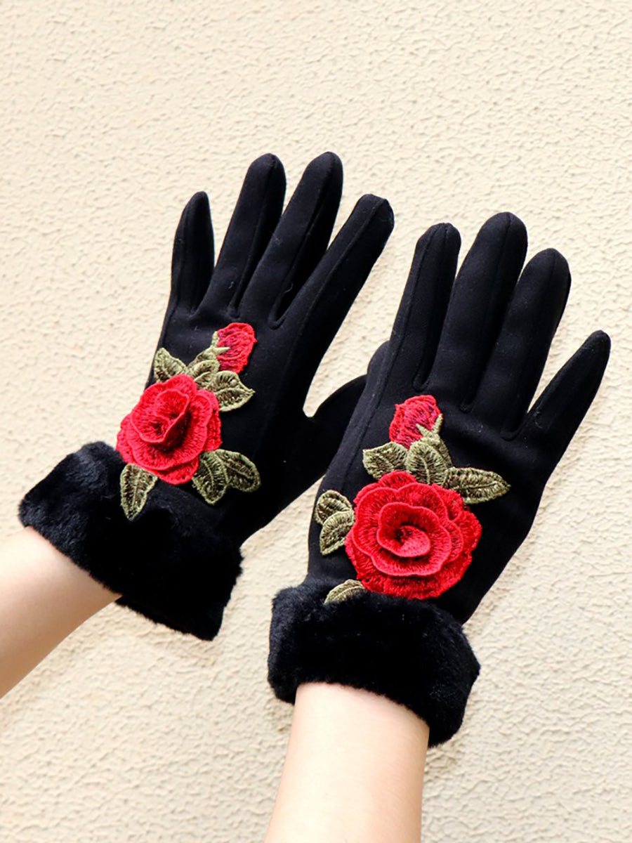 Women Artsy Winter Embroidery Fleece-lined Gloves