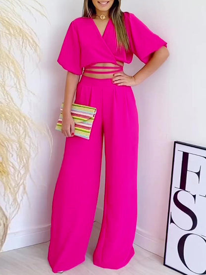 Half Sleeves Elasticity Solid Color Tied V-Neck T-Shirts Top +High Waisted Pants Bottom Two Pieces Set