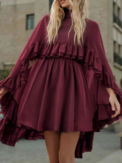 High Waisted Sleeveless Pleated Ruffled Solid Color Split-Joint Tied Mock Neck Mini Dresses Two Pieces Set