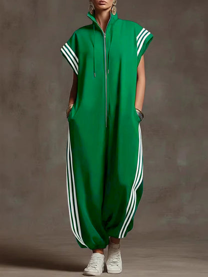 Loose Plus Size Contrast Color Pockets Split-Joint Striped Zipper Stand Collar Jumpsuits Ninth Pants