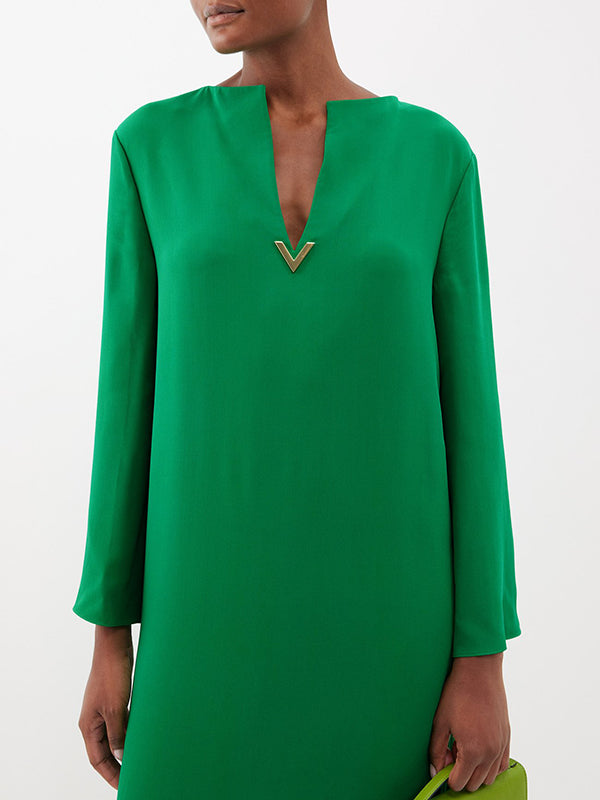 Long Sleeves Wrap Solid Color Split-Side V-Neck Maxi Dresses